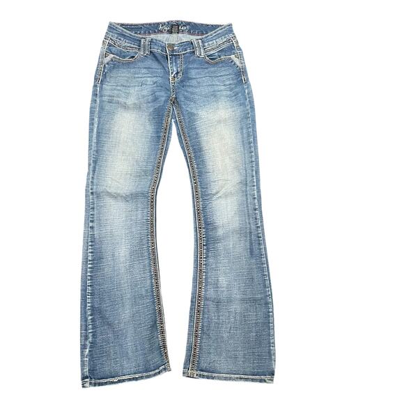 Ariya Jeans Sz 7/8 Y2K Flare Low Rise Flap Pocket Embroidered Distressed Stretch - Picture 3 of 10